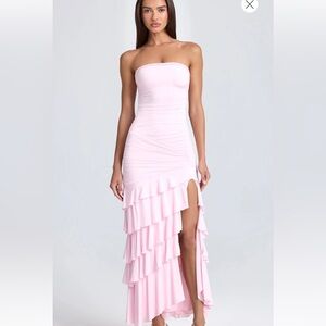 Bandeau Ruched Ruffle-Trim Maxi Dress in Blush